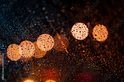 rain water drops on the window at night.