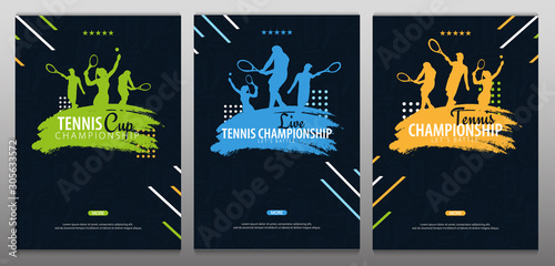 Set of Tennis Championship banners, design with player and racquet on dark background. Vector illustration.