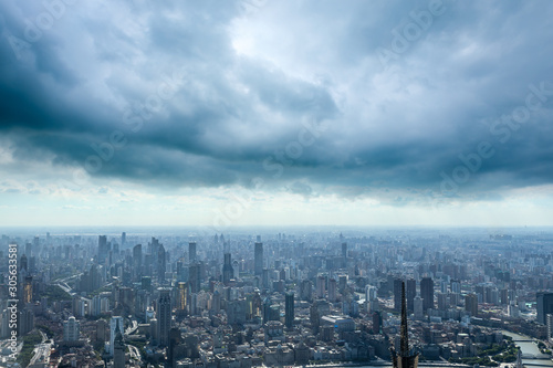 Photography Aerial view of Shanghai skyline at cloudy day,China.