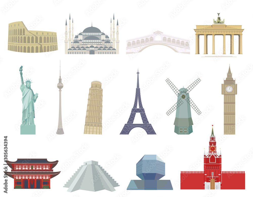  World tourist architectural landmarks. 14 Color icons in a flat style set. Isolated illustration on a white background.