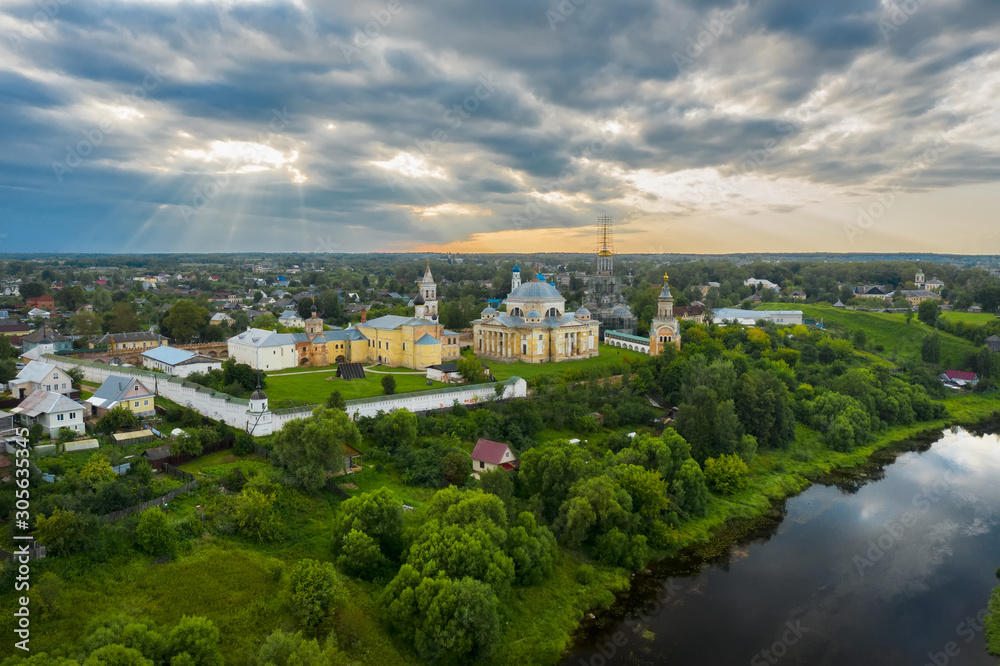 Panorama of the Borisoglebsky Monastery in town Torzhok, view from above. Tver region. Russia