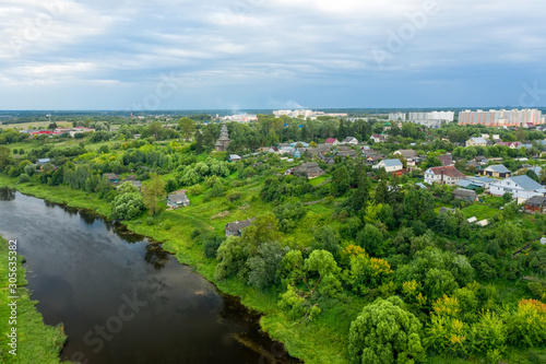 Aerial view of the Southern District of Torzhok and the Church of the Icon of the Mother of God of Tikhvin in Torzhok. Tver region. Russia © Konstantin