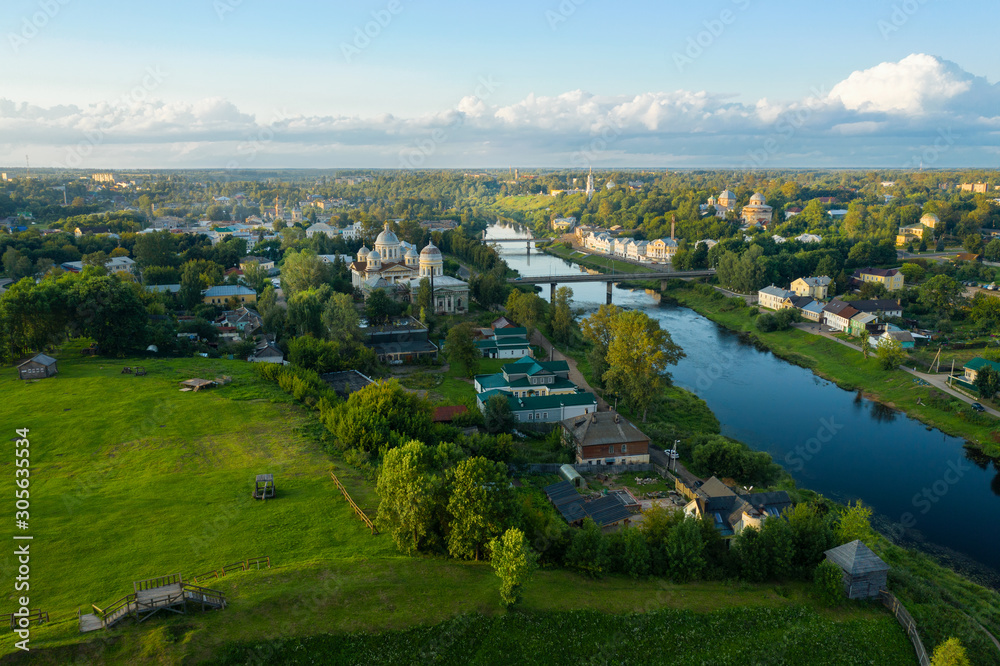 Aerial view of the historic center of Torzhok and the river Tvertsa. Tver region. Russia