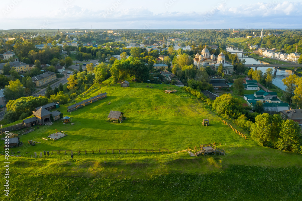 Obraz premium Aerial view of the historic center of Torzhok and the river Tvertsa. Tver region. Russia