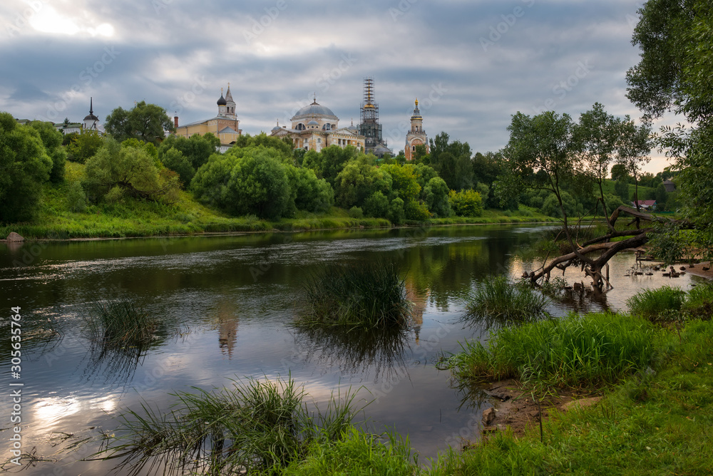 Panorama of the Borisoglebsky Monastery in town Torzhok, view from above. Tver region. Russia