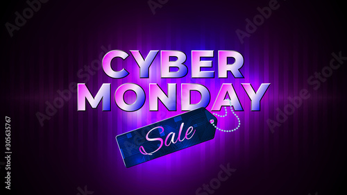 Cyber monday sale flyer. Bright cyber monday banner with sale price tag. Special offer price sign. Glowing neon background. Modern vector design promotion poster, web banner