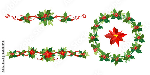 Christmas, New Year holiday decoration set. Vector illustration wreath of holly with red berries, ribbons, poinsettia, fir-tree branches. Round frame, garland for Christmas cards, banners.