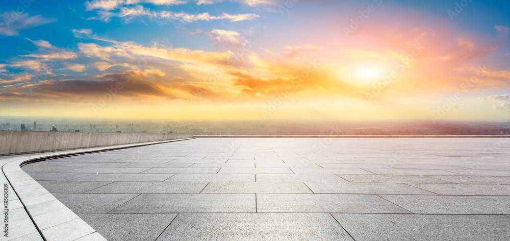 Empty floor and city skyline with beautiful clouds scenery in Shanghai at sunset.high angle view.