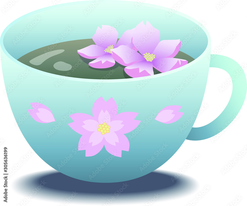 Green tea with sakura flowers. Vector illustration of herbal tea