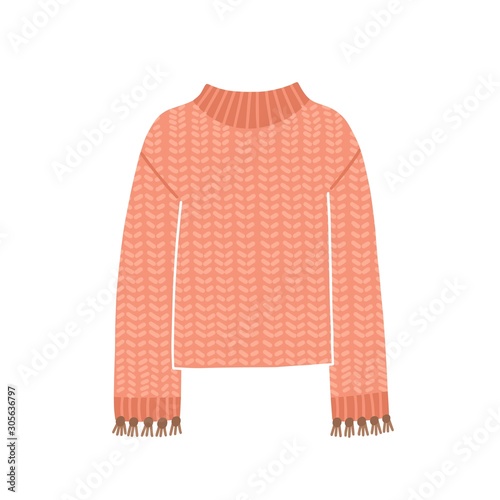 Knitted jumper vector illustration. Cute pink sweater with ornament isolated on white background. Warm woolen winter clothing. Hand made knitted stylish item. Apparel piece for cold weather. photo