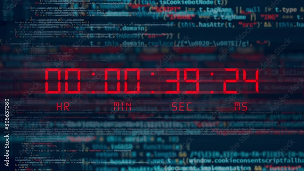 Futuristic one minute digital clock countdown from sixty to zero. High quality 4k video. Timer with LCD display. Red numbers over data glitch code dark background.