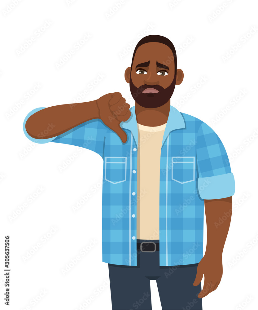 Unhappy young African man showing thumbs down gesture. Trendy sad black person making dislike sign. Male character design illustration. Human emotion, modern lifestyle concept in vector cartoon style. Unhappy young African man showing thumbs down gesture. Trendy sad black person making dislike sign. Male character design illustration. Human emotion, modern lifestyle concept in vector cartoon style.