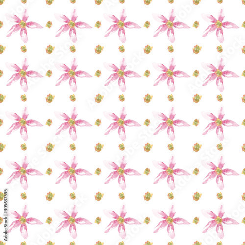 Seamless pattern of watercolor pink flowers and abstract spots. Use for invitations  menus  birthdays.