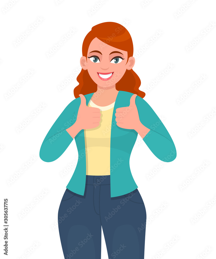 Successful young woman showing thumbs up sign. Trendy teenage girl making like, good or success gesture. Female character design illustration. Human emotions & expressions concept in vector cartoon. Successful young woman showing thumbs up sign. Trendy teenage girl making like, good or success gesture. Female character design illustration. Human emotions & expressions concept in vector cartoon.