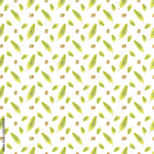 Seamless pattern of watercolor green leaves and abstract spots. Use for invitations, menus, birthdays.