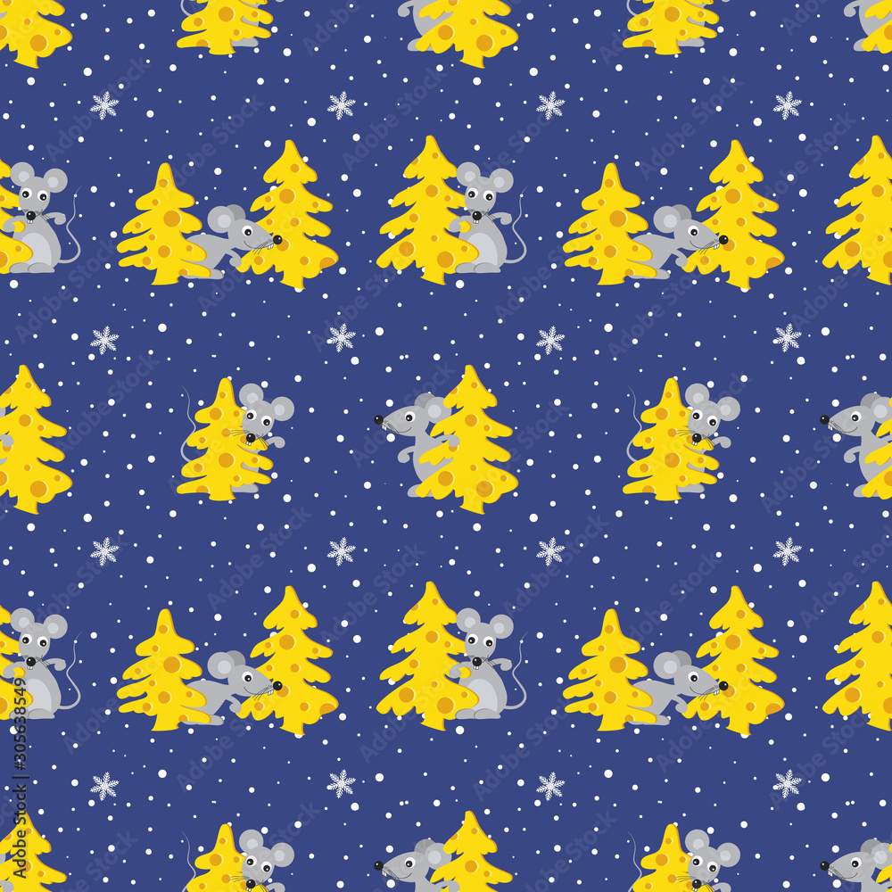 Christmas background. Seamless pattern with cheese trees and rats - a symbol of 2020. Yellow fir trees and cute mouses on a blue background. Vector illustration Christmas background. Seamless pattern with cheese trees and rats - a symbol of 2020. Yellow fir trees and cute mouses on a blue background. Vector illustration