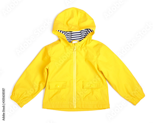 Stylish raincoat on white background