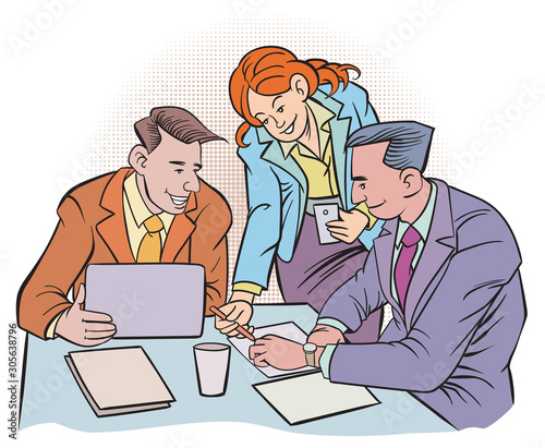 Illustration group of business people working together on a project. The image is separated from the white background.