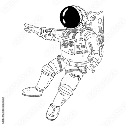 Astronaut stretching his hand. Isolated vector image of a spaceman. Prints design