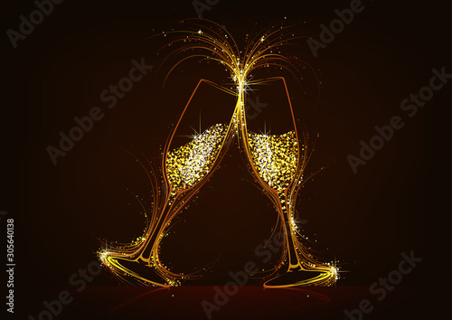 Sparkling Champagne Glasses with Glitter Drink - Abstract Luxury Illustration in Gold Colors on Dark Background as New Year Card or Birthday Card and etc., Vector