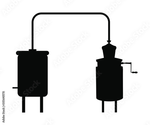  Vector silhouette of alembic apparatus for distill essential oils and alcoholic beverages. Distillery for whiskey or brandy production, alcohol distillation process. Alcohol distilling machine symbol