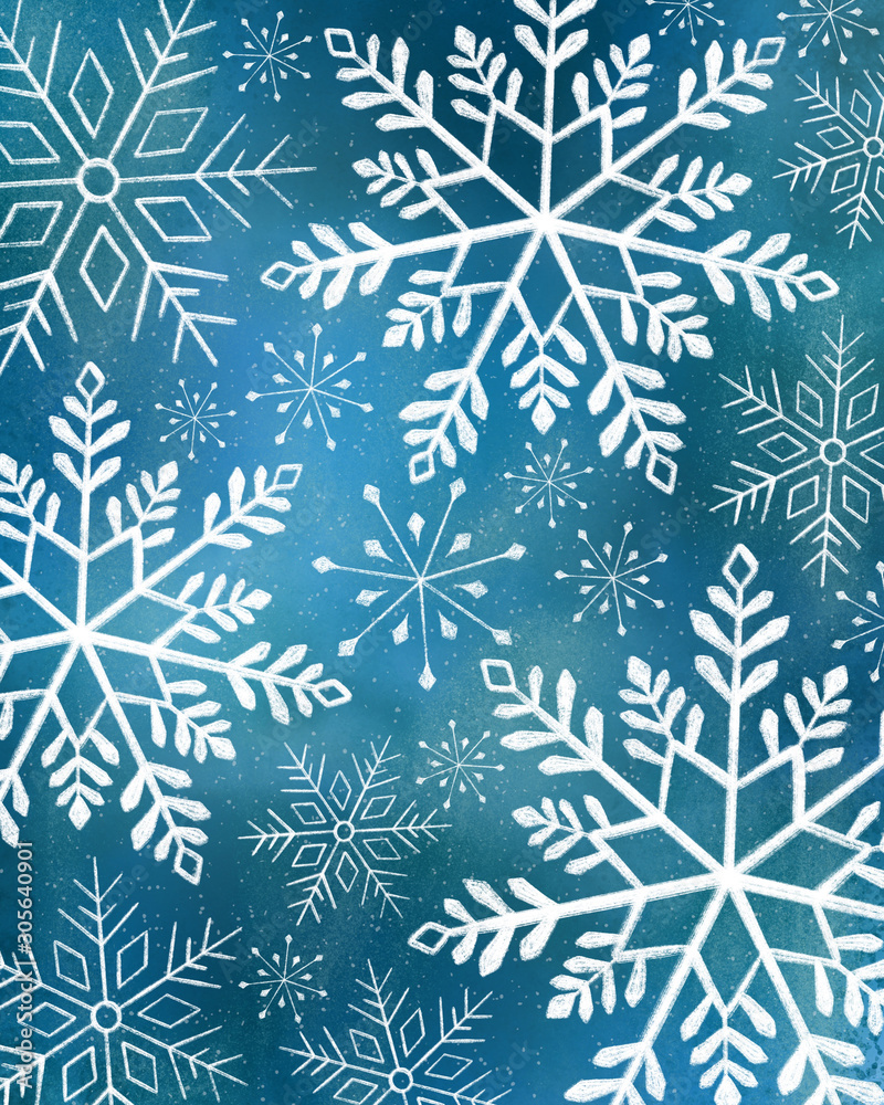 White snowflake mixed media on blue background