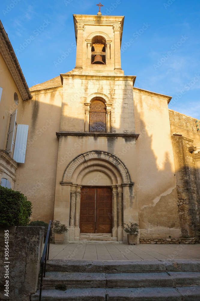 Editorial. Lourmarin. Provence. France. October 27. 2019. Village church at sunset golden hour. Provence tourism.. 