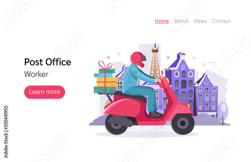 Post office workers shipping letters. Postman work courier with bag on bicycle delivering correspondence, letters to the addressee cartoon vector illustration