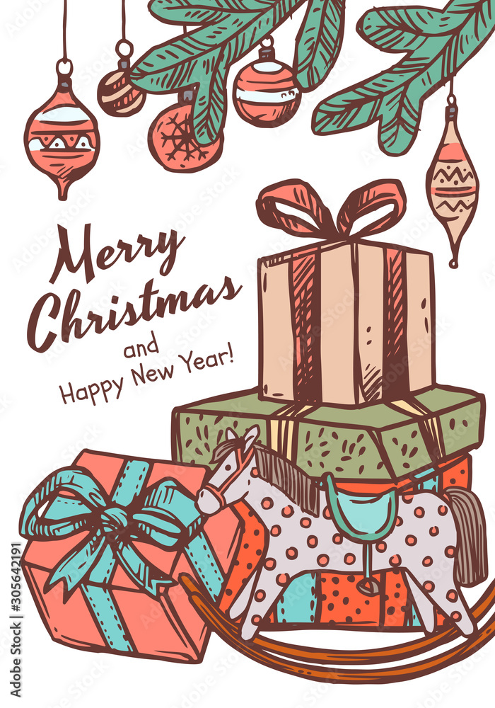 Merry Christmas greeting card with congratulation and many boxes of gifts with toy horse and fir branches with balls. Vector doodle drawing illustration, poster, banner or template for postcard