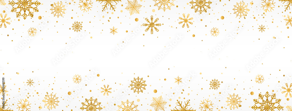 Gold snowflakes frame on white background. Golden snowflakes border with different ornaments. Luxury Christmas garland. Winter ornament for packaging, cards, invitations. Vector illustration - obrazy, fototapety, plakaty 