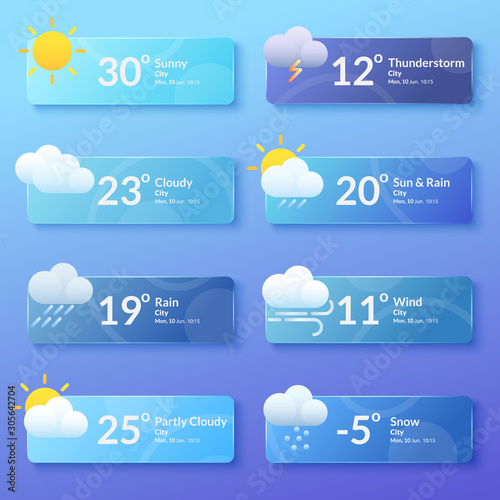 Weather forecast. Meteorology. Set of flat style banners