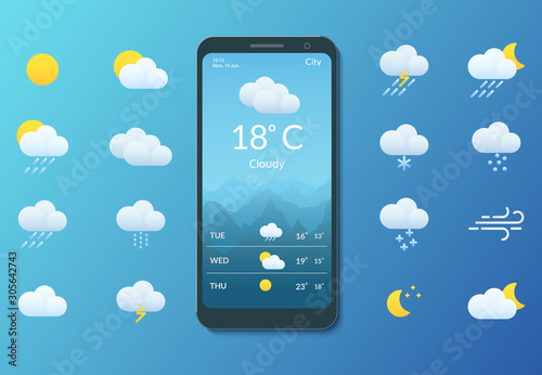 Meteorology. Smartphone with weather forecast. Set of flat style icons