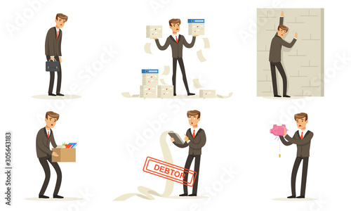 Manager Character Work, Failures And Losses, Debts And Bankruptcy Vector Illustration Set Isolated On White Background