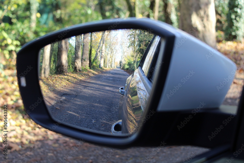 Specchietto retrovisore dell'auto - guidare in campagna