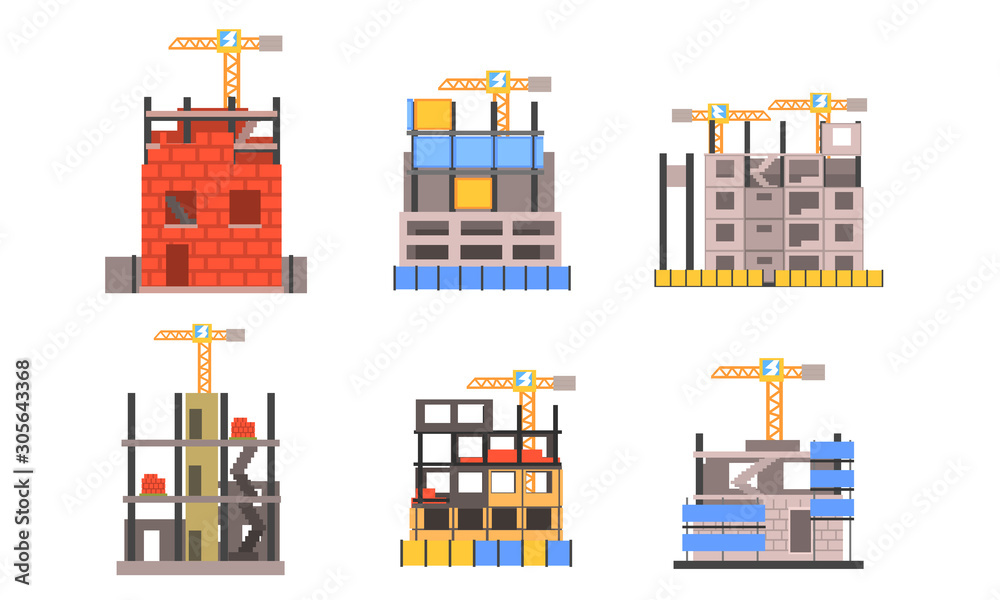 Outdoor Constructive Works With Cranes And Buildings Flat Vector Illustration Set