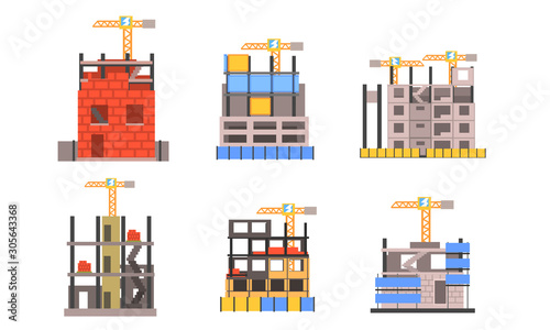 Outdoor Constructive Works With Cranes And Buildings Flat Vector Illustration Set