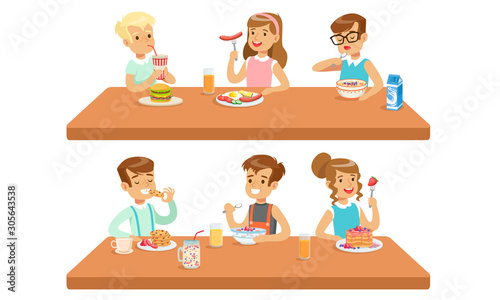 Two Conceptions Of Children Feeding, Healthy Meals And Fastfood Vector Illustration Cartoon Character