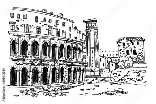 vector sketch of Theatre of Marcellus (Teatro di Marcello) Rome, Italy.