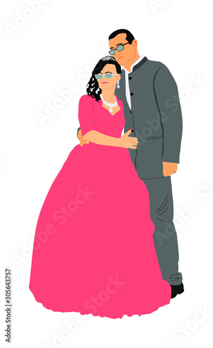 Groom and bride wedding day, in dress and suit vector illustration. Wedding couple. Happy bride and groom on ceremony. Just married couple in love. Elegant people photo posing on party celebration.
