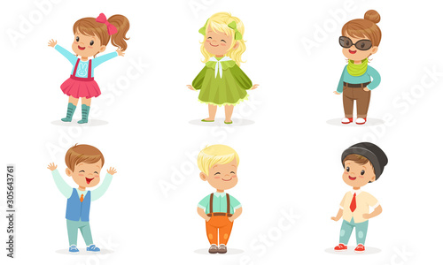 Set Of Cute Toddlers In Colorful Wears In Motion Vector Illustration Set Cartoon Character