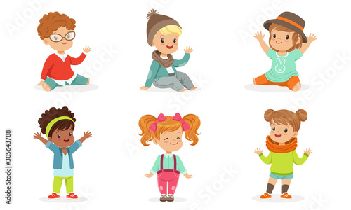 Set Of Pretty Toddlers In Colorful Wears In Motion Vector Illustration Set Cartoon Character