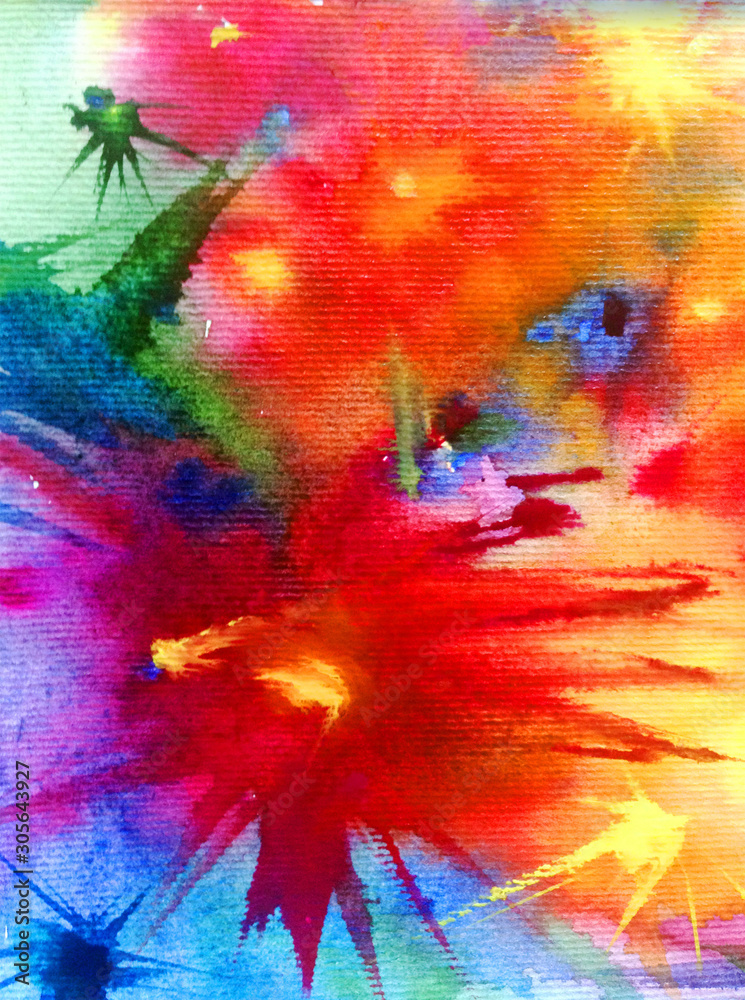 Fototapeta premium Watercolor abstract bright colorful textural background handmade . Painting of sky and clouds during sunset . Modern cosmic pattern . Shine