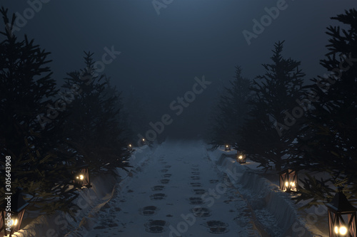 3d rendering of countryside road with snow trails and wooden lantern nect to fir trees at night photo