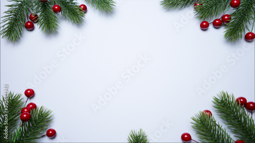 Christmas composition. Christmas decor,, fir branches on white background. Flat lay, top view, copy space.