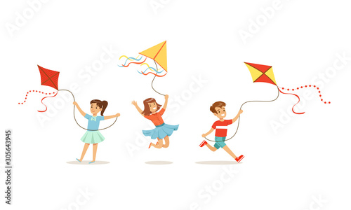 Children run with kites with ribbons. Vector illustration.