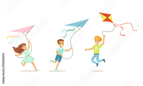 Boys and girls fly kites. Vector illustration.