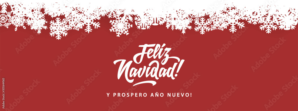 Feliz Navidad - Merry Christmas in spanish language red card template design elements, snowflakes