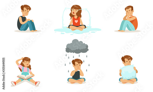 Children are upset and cry. Vector illustration.