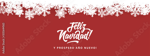 Feliz Navidad - Merry Christmas in spanish language red card template design elements, snowflakes photo