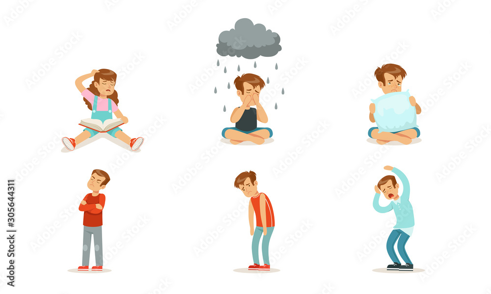 Children are sad and cry. Set of vector illustrations.